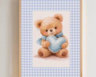 Teddy Bear Watercolor Print, Baby Blue Heart, Nursery Wall Art (Digital Download) E2