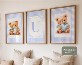 Prints for a Baby Boy Nursery Floral Initial Teddy Bear Gingham Trio (Digital Download) O2