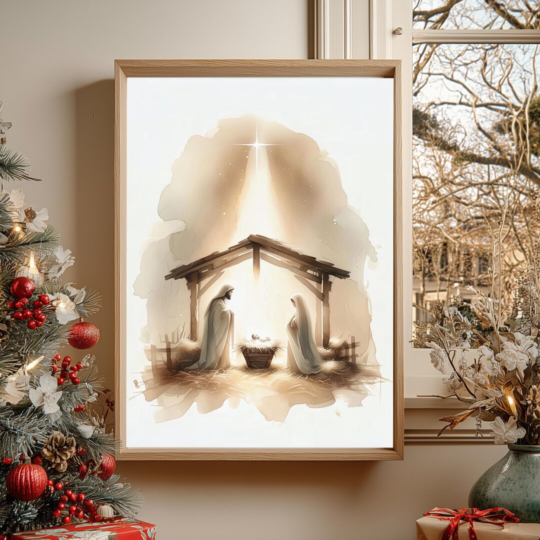 Minimalist Nativity Scene Art Print, Neutral Christmas Decor (digital ...