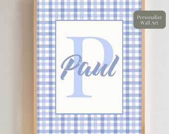 Personalized Baby Name Sign, Blue Gingham Initial Nursery Art (Digital Download)