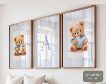 Prints for a Baby Boy Nursery Personalized Monogram Teddy Bear Trio (Digital Download) O1