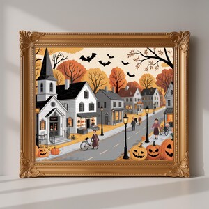Vintage Halloween Village Wall Art Print – Spooky Autumn Town Illustration with Pumpkins and Bats