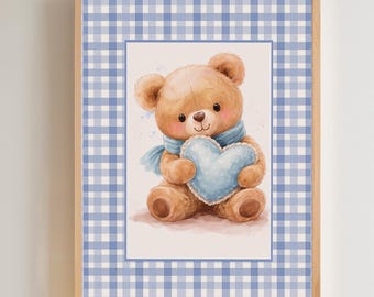 Teddy Bear Watercolor Print, Baby Blue Heart, Nursery Decor (Digital Download) E2