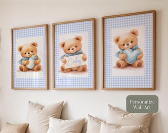 Prints for a Baby Boy Nursery Personalized Name Gingham Teddy Trio (Digital Download) O1