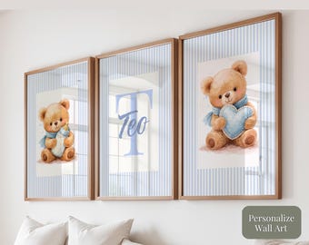 Prints for a Baby Boy Nursery Personalized Name Monogram Teddy Trio (Digital Download) O1