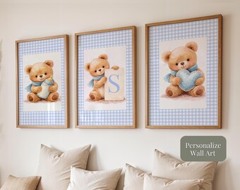 Prints for a Baby Boy Nursery Initial Gingham Teddy Trio Wall Set (Digital Download) O1