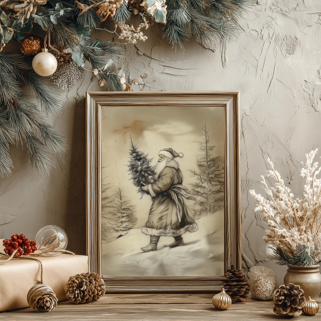 Curated visual reference: Fresh Look at Vintage Santa Carrying Tree Print Neutral Yuletide Wall Art Rustic