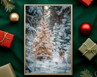 Winter Deer Scene Print | Snowy Christmas Tree Forest Illustration (Digital Download) ER22