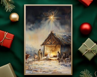 Nativity Scene Print, Holy Family Christmas Art (Digital Download) ER22