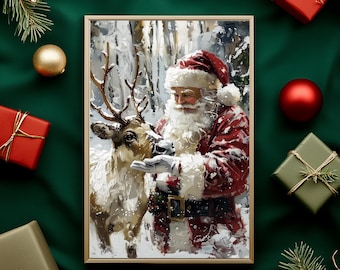 Santa & Reindeer Christmas Wall Art Print, Winter Forest (Digital Download) ER22