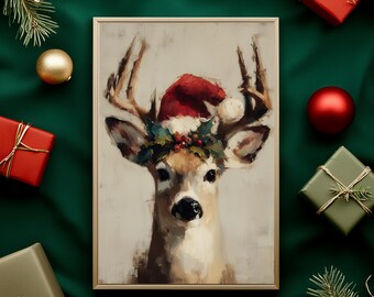 Whimsical Reindeer Portrait Christmas Wall Art Print Decor (Digital Download) O21