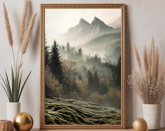 Misty Mountain Forest Print: Moody Alpine Valley Art (Digital Download)