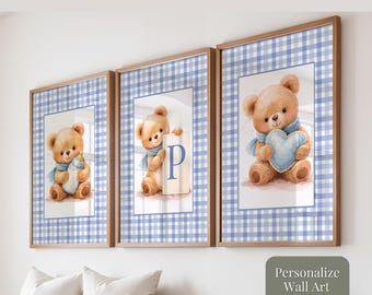Personalized Teddy Bear Nursery Prints, Blue Gingham Wall Art (Digital Download) E1