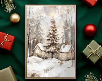 Winter Cottage Christmas Tree Art, Neutral Holiday Illustration (Digital Download) ER22