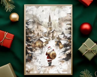Christmas Santa Village Art Print, Snowy Church Town (Digital Download) ER22