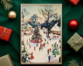 Christmas Village Print | Snowy Holiday Town, Winter Market (Digital Download) ER22