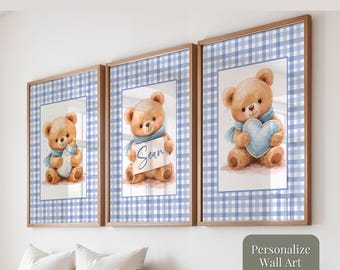 Personalized Teddy Bear Nursery Prints, Blue Gingham, Set of 3 (Digital Download)