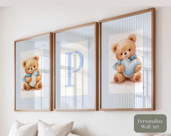 Impresiones para la habitación de un bebé niño: Trío de ositos de peluche con monograma personalizado (descarga digital O1)