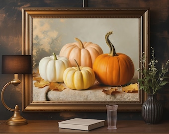 Vintage Pumpkin Still Life Painting: Rustic Autumn Wall Art (Digital Download)