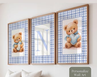 Teddy Bear Nursery Prints, Personalized Initial, Blue Gingham (Digital Download) E1