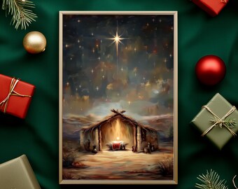 Minimal Nativity Night Scene Wall Art Holy Star Manger Illustration (Digital Download) O21