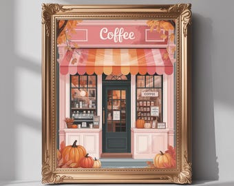 Rustic Coffee Shop Wall Art – Fall Café Illustration with Pumpkins and Autumn Leaves