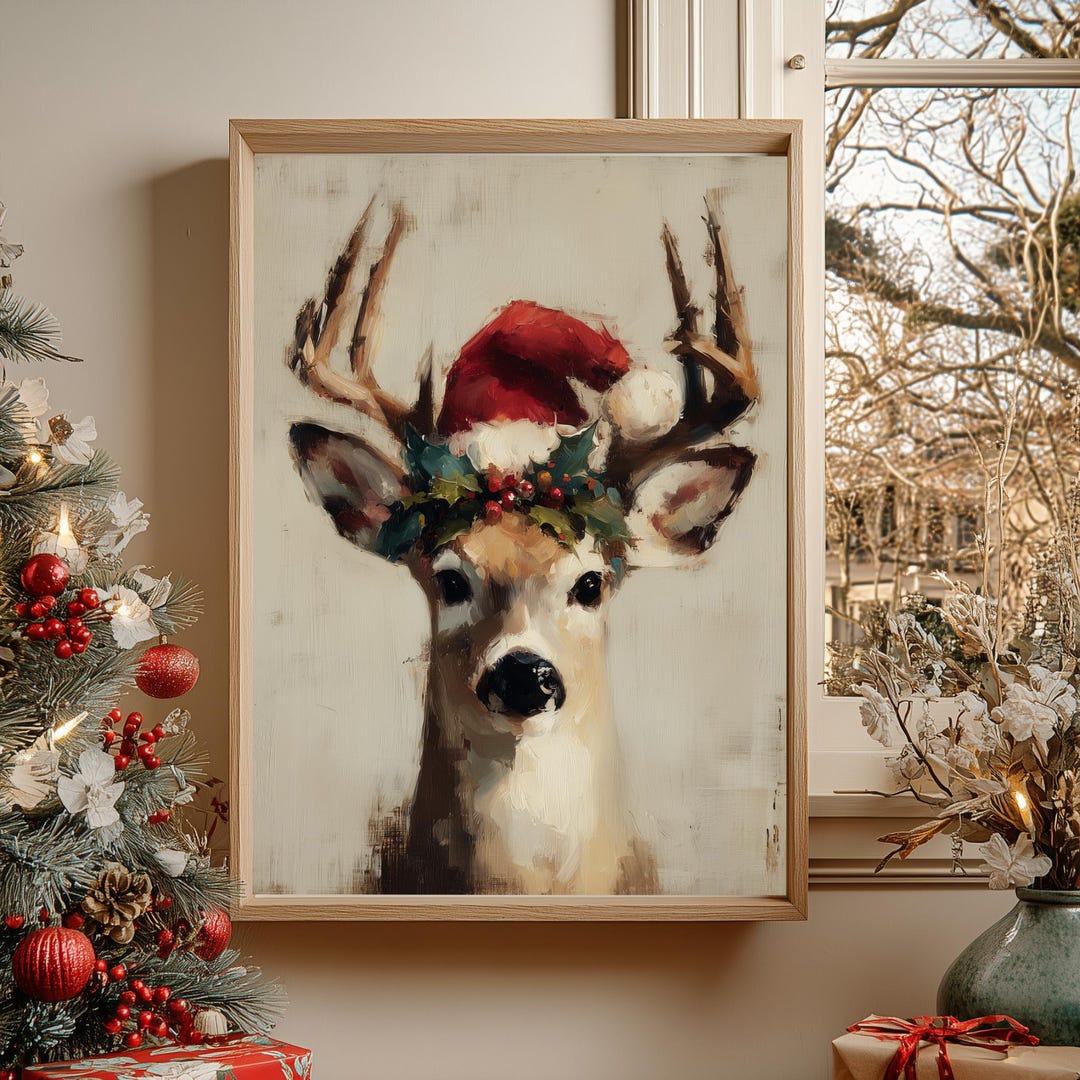 Vintage Reindeer Wall Art Printable, Santa Hat Deer Painting, Rustic ...