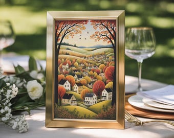 Folk Art Autumn Landscape Wall Art – Village in Rolling Hills with Fall Trees – Rustic Country Seasonal Decor Print | Cozy Country Scene