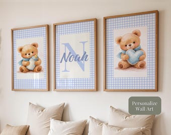 Prints for a Baby Boy Nursery Name Initial Teddy Bear Gingham Trio (Digital Download) O1