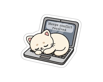 Adesivo fustellato con gatto assonnato sul laptop / Adesivo per programmatori "Conflitto di unione risolto"