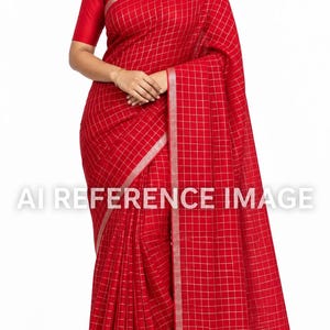 Red Checked Saree Silver Zari Border Indian Traditional Women's Ethnic Wear