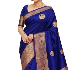 Soft Silk Saree with Zari Border, Kanjeevaram Style in Blue Variations