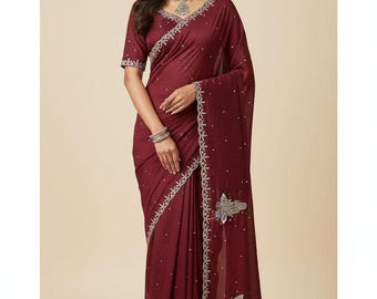 Designer Saree with Stone and Bead Work, Heavy Embroidery Border