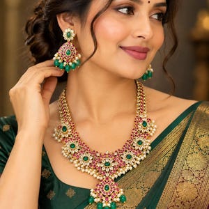 Kundan Long Haram Necklace Earrings Set Ruby Green Stones Gold Tone Bridal