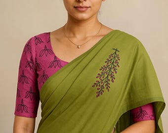 Cotton Saree in Cream and Green with Elephant Motifs, Lightweight Poly Fabric