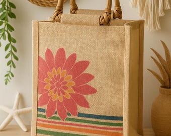 Handmade Jute Tote Bag with Bamboo Handle | Floral Design