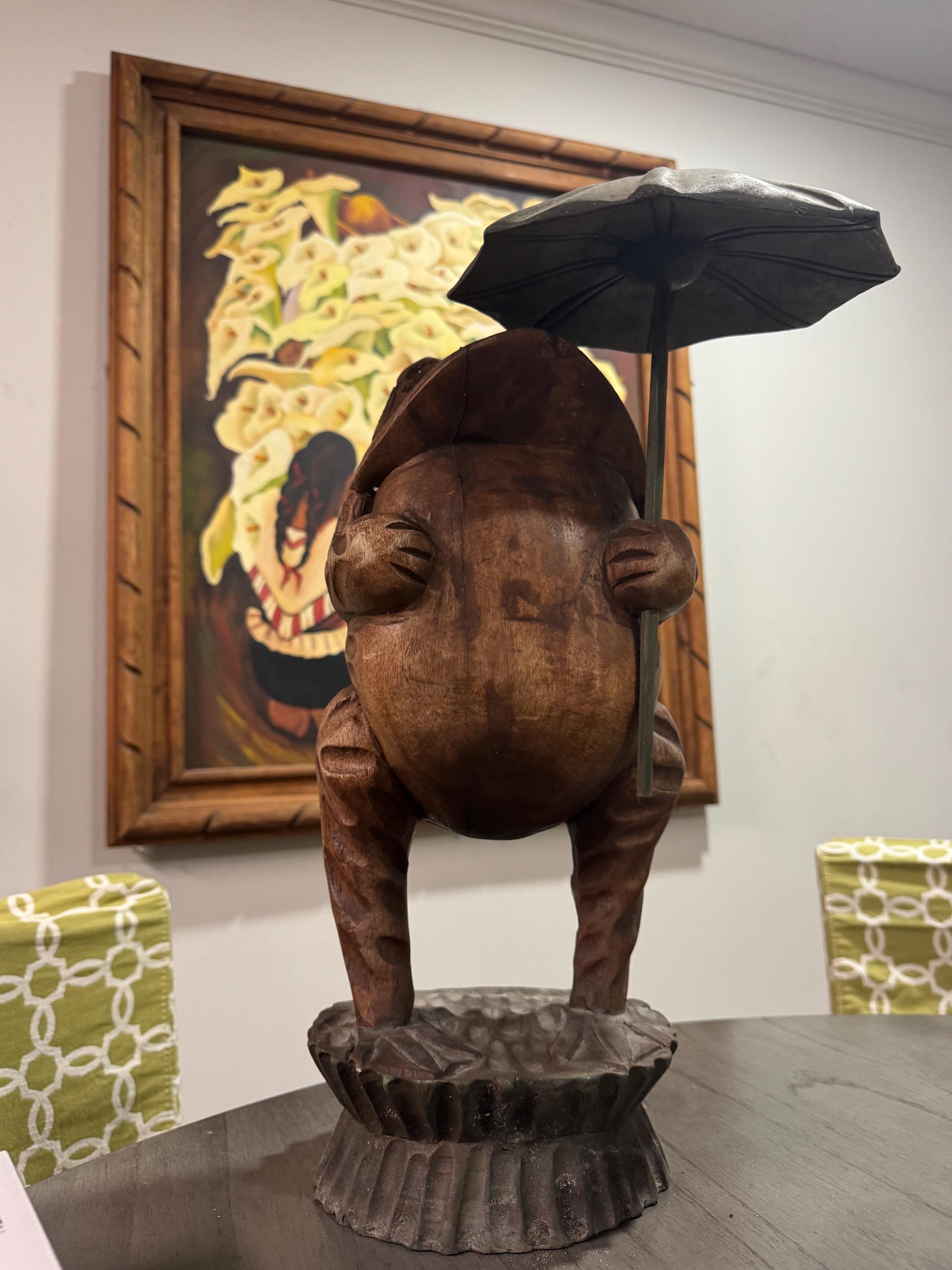 タイ製ヴィンテージ木製カエル彫刻フィギュア（無垢材、大）20インチ