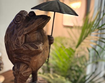 Vintage Hand-Carved Wooden Frog Statue – Thai Folk Art Decor, 20" Tall