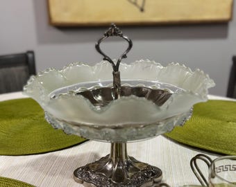 Vintage Frosted Opalescent Compote Dish – Silver Pedestal & Handle, Ruffled Edge Glass Bowl, Depression Style Centerpiece