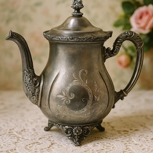 May include: Antique silver-colored teapot with ornate detailing. The teapot features a curved spout, a decorative handle, and a lid with a finial. The body is engraved with a floral design, and it sits on three small feet. A vintage tea set.