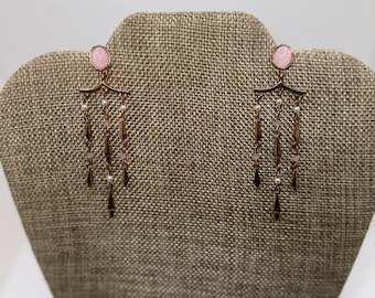Vintage Pink Stone Chandelier Earrings | Gold Tone, Faux Pearls