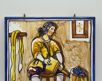 Vintage Spanish Ceramic Tile – Hand-Painted Azulejo, Rustic Village Scene