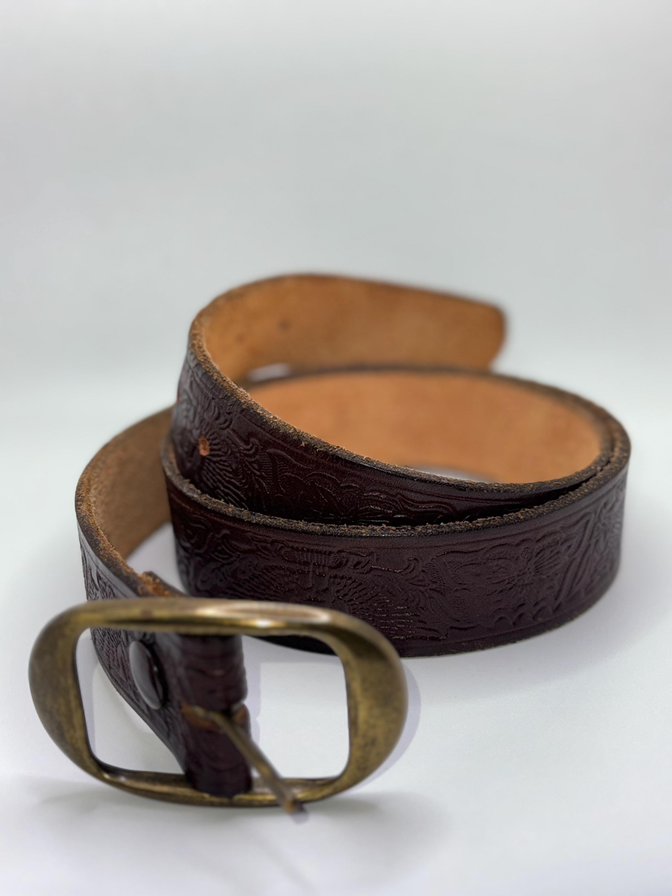 Vintage Hand-tooled Leather Belt – Brass Buckle, Western 
