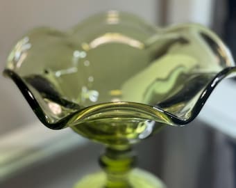 Vintage Green Glass Compote Bowl • Mid Century Ruffled Candy Dish