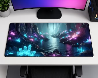 Crystal Cave Desk Mat | Neon Cyberpunk Mousepad, Gamer Decor
