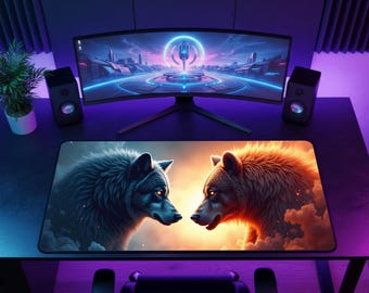 Wolf vs Bear Gaming Mousepad XL | Fantasy Animal Desk Mat