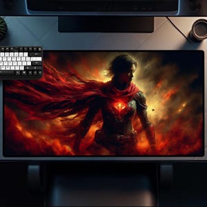 Dark Warrior Desk Mat XL | Fiery RPG Gamer Mousepad