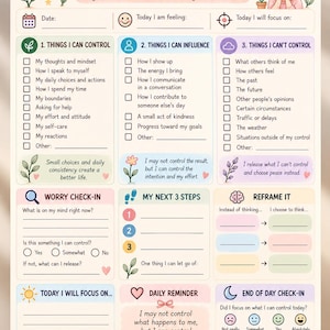 Pode incluir: Uma folha de trabalho de saúde mental intitulada Things I Can Control com seções para monitorar sentimentos, foco e check-ins diários. O layout inclui caixas de seleção para limites pessoais e fatores externos, decorado com ilustrações florais suaves.