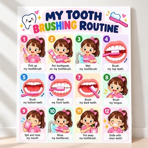 May include: A colorful educational poster titled MY TOOTH BRUSHING ROUTINE featuring twelve numbered steps with illustrations of a child demonstrating proper dental hygiene, including brushing top, bottom, front, and back teeth, rinsing, and smiling.