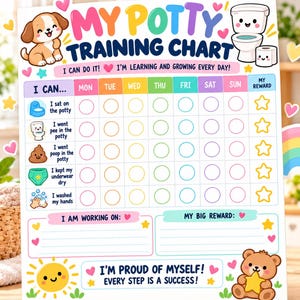 Puede incluir: Una tabla de entrenamiento para ir al baño colorida con un cachorro, un inodoro sonriente y un oso sosteniendo una estrella. La tabla incluye columnas para los días de la semana, filas para tareas como sentarse en el orinal, hacer pipí, hacer popó, mantener la ropa interior seca y lavarse las manos, además de secciones para metas.
